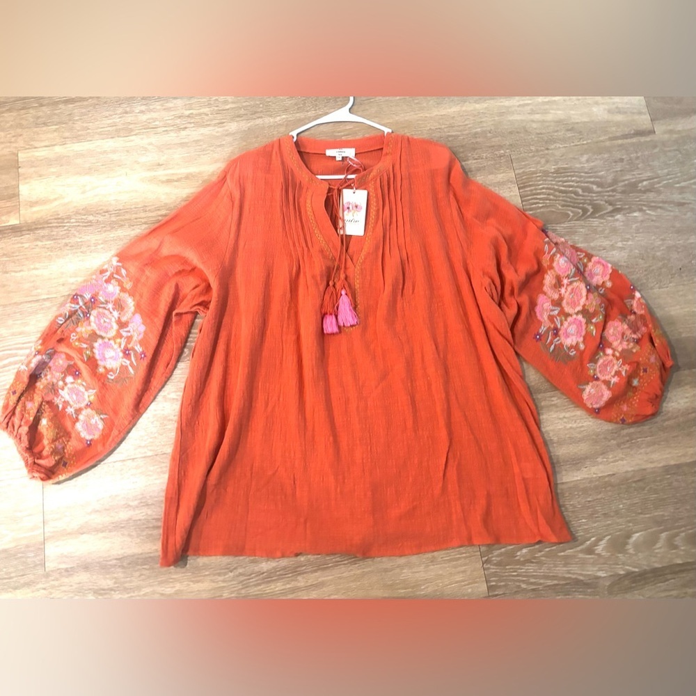 entro Orange Embroidered Boho Peasant Blouse